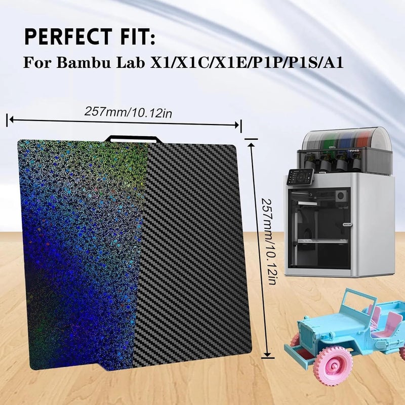 IdeaFormer-3D Flexible Rainbow Starry PEY+Carbon Fiber PET Spring Steel Plate for Bambu Lab X1 X1C X1E P1P P1S P2S A1, Double Sided Textured PEY PET Build Plate 257x257mm for Bambu 3D Printers - Image 2